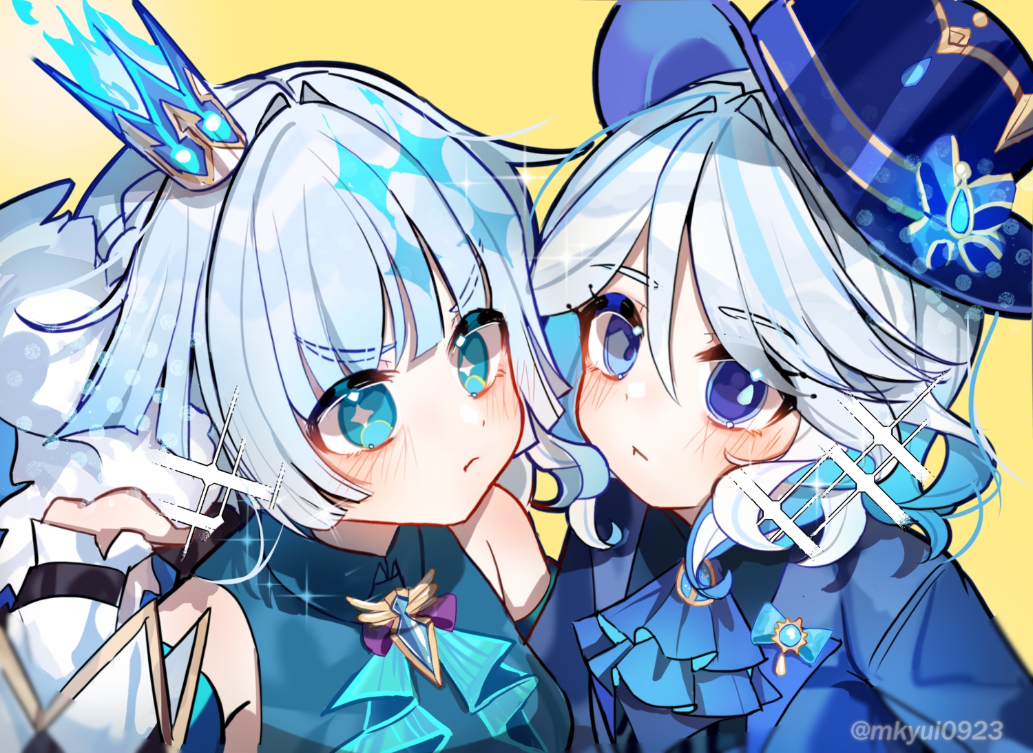 2girls, aqua_eyes, bicolored_eyes, blue_eyes, blush, braids, cerydra_(honkai:_star_rail), close