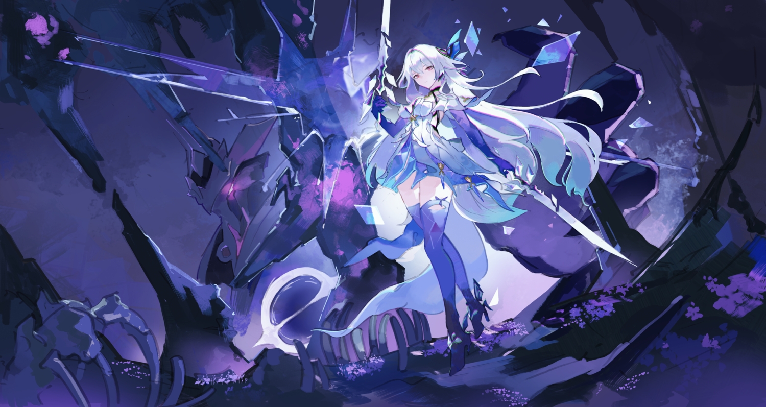 bones, choker, cmdr_saturn, dress, genshin_impact, long_hair, pink_eyes, purple