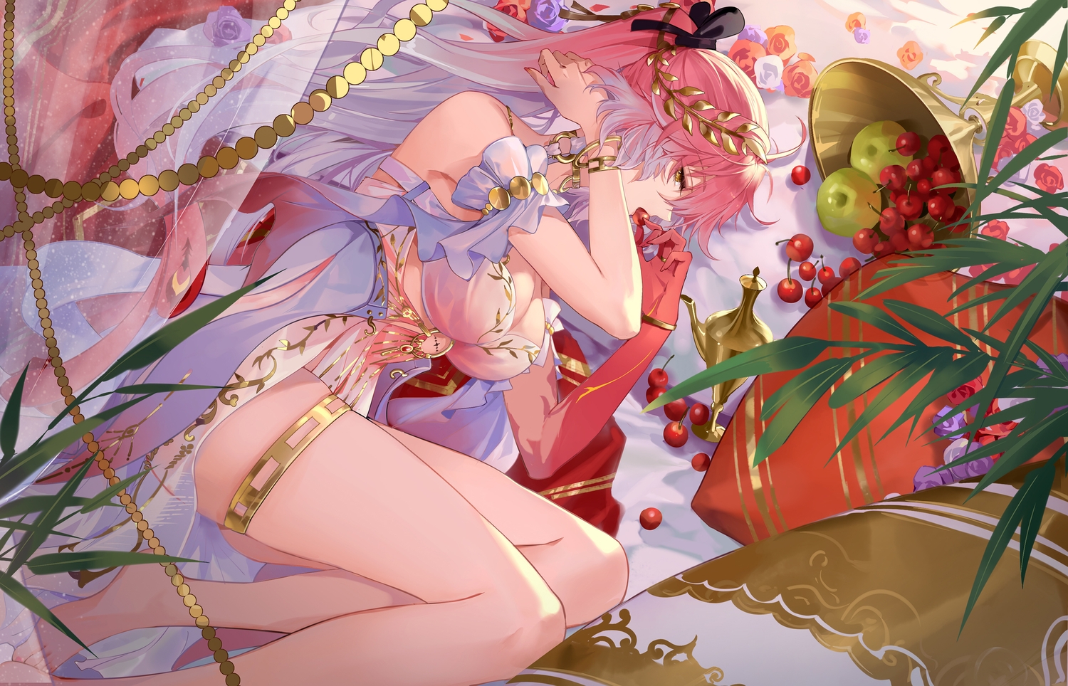 barefoot, breasts, changli_(wuthering_waves), cherry, choker, cleavage, dress, flowers, food, fruit, garter, leaves, long_hair, ponytail, ruoruoqiuu, wristwear, wuthering_waves, yellow_eyes