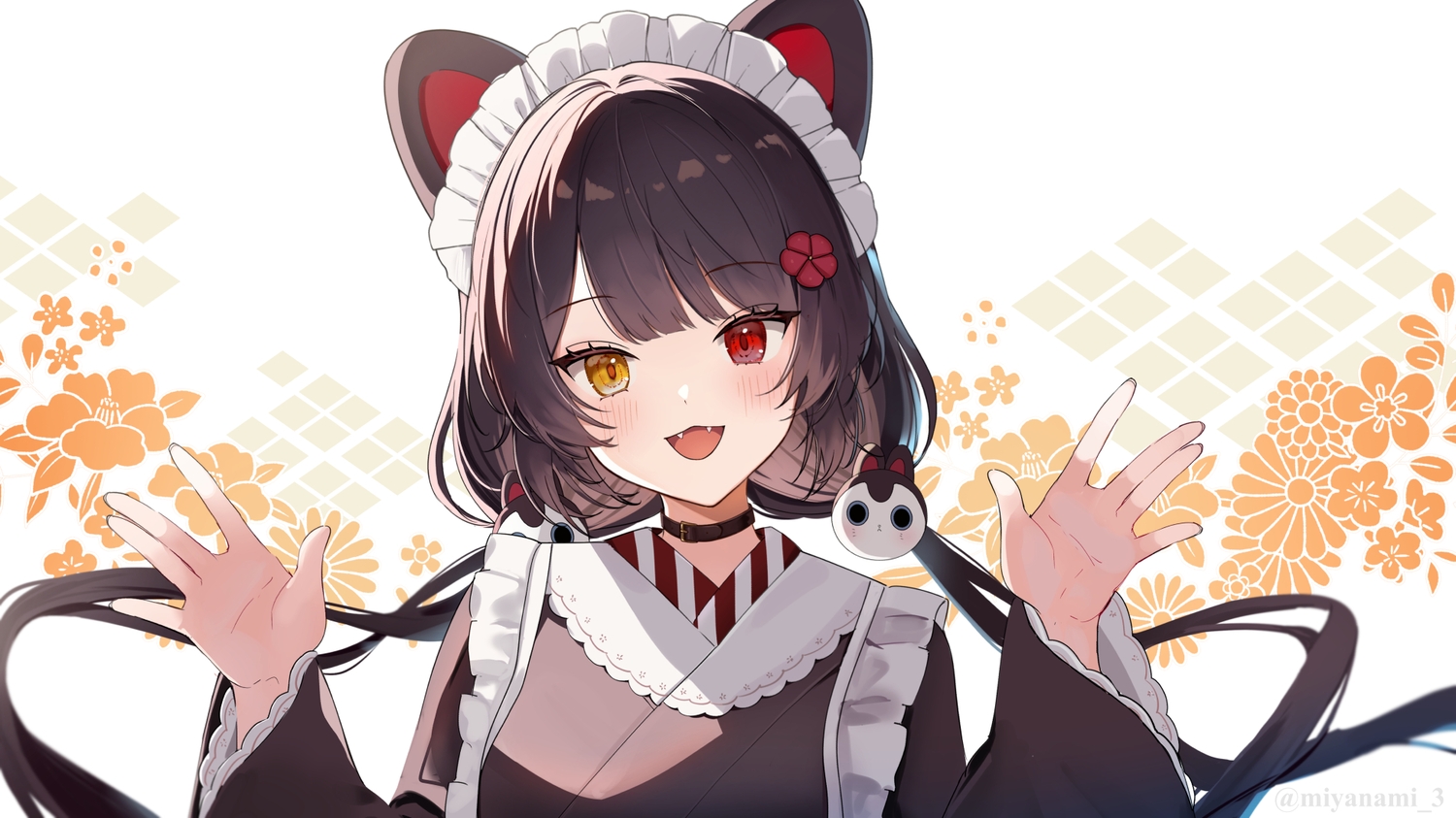 animal_ears, bicolored_eyes, black_hair, blush, cat_smile, close, collar, doggirl, fang, headdress, inui_toko, japanese_clothes, kimono, long_hair, maid, miyanami_3, nijisanji, twintails