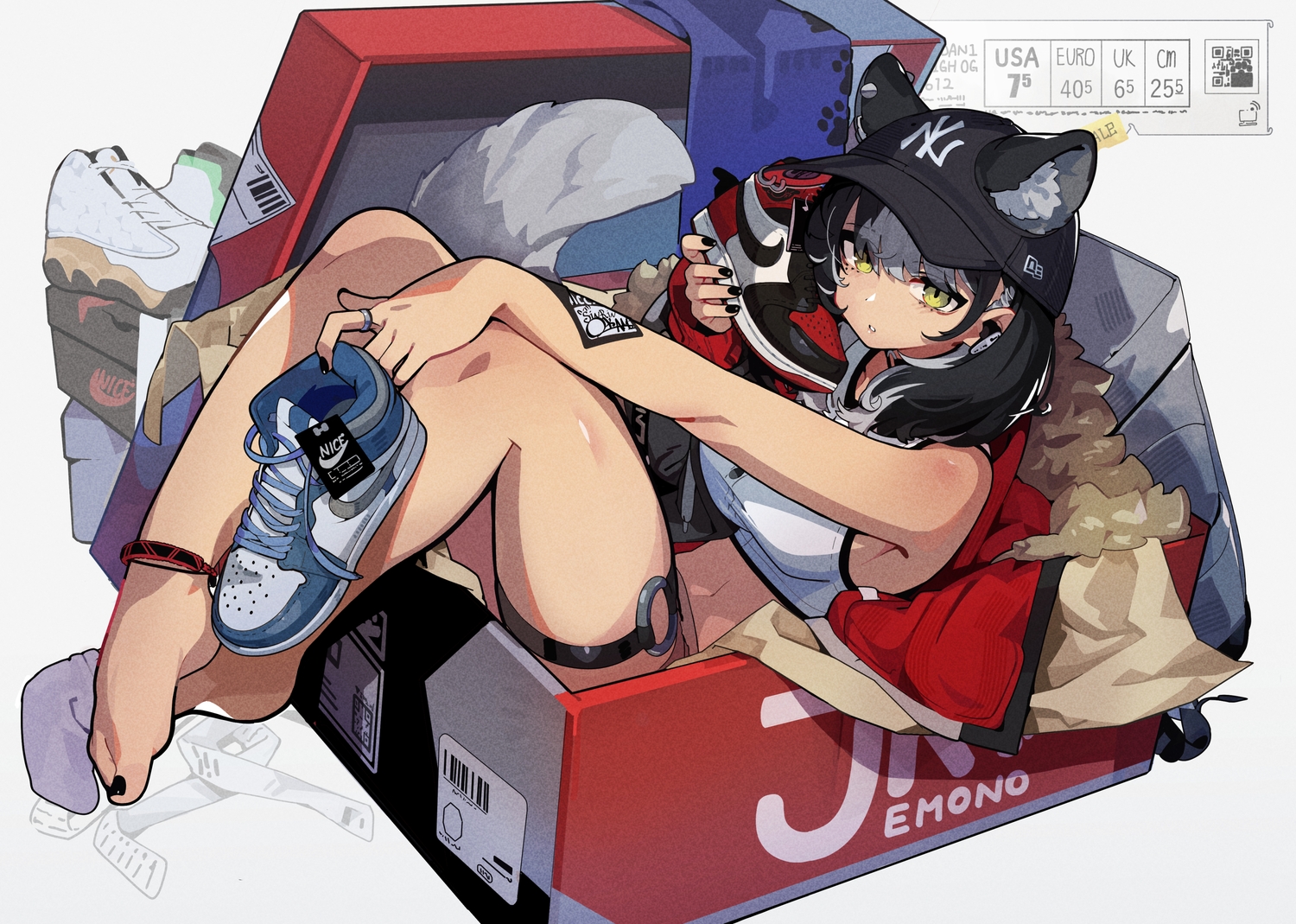 animal_ears, barefoot, black_hair, blush, dark_skin, garter, green_eyes, hat