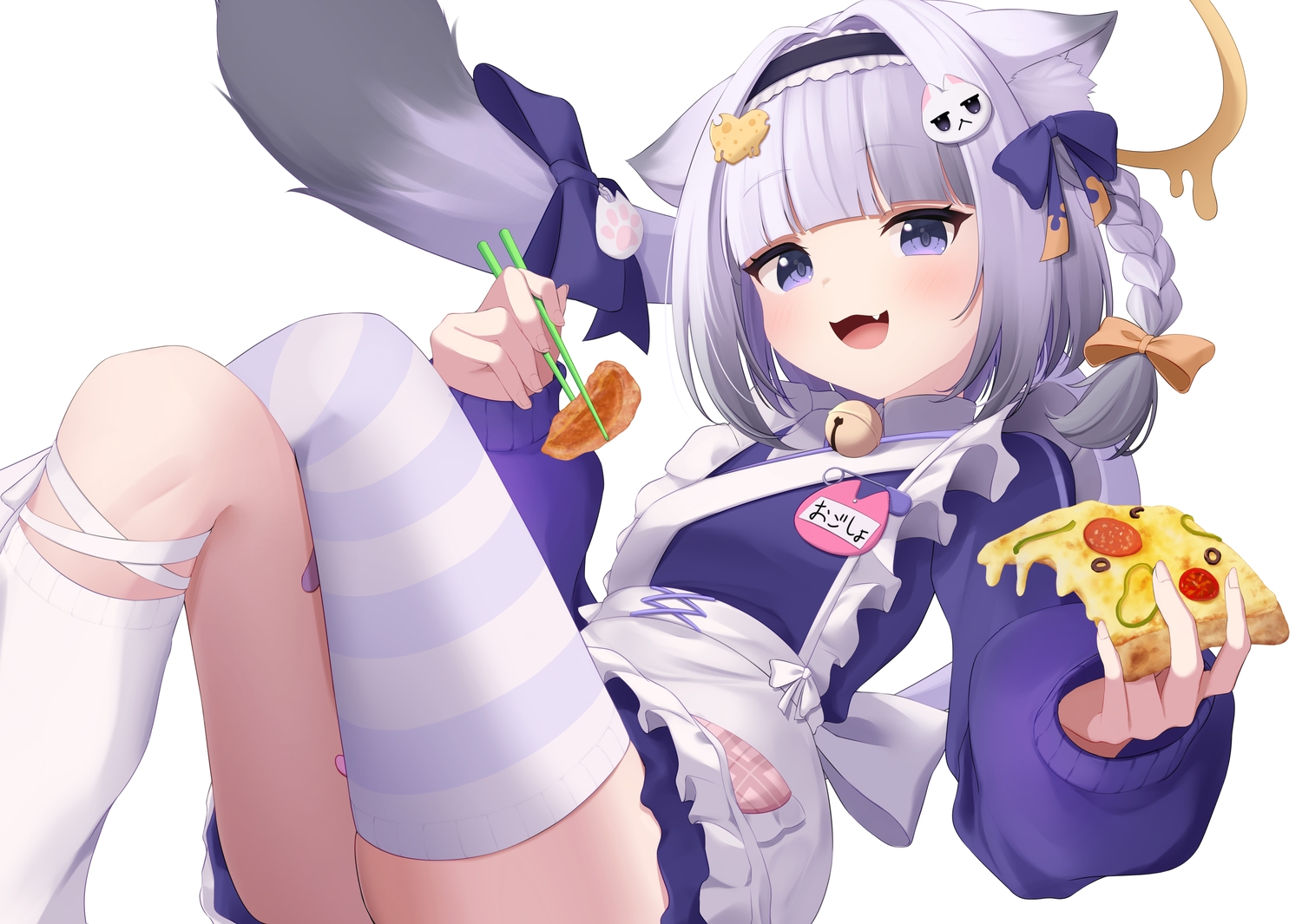 animal_ears, apron, bandaid, bell, blush, bow, braids, catgirl
