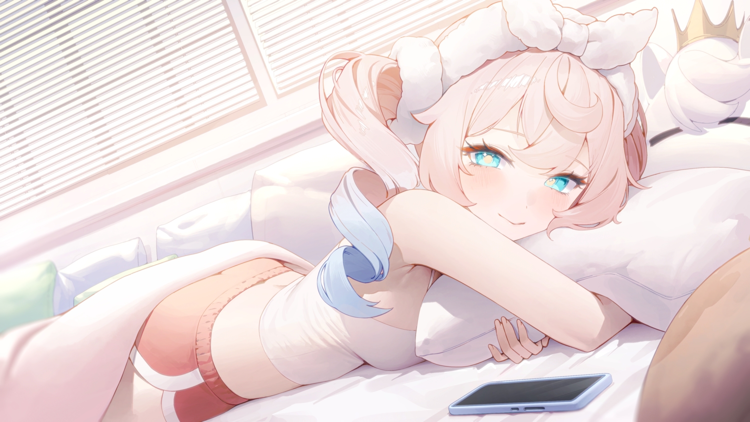 aqua_eyes, bed, blush, crown, headband, honkai_(series), honkai:_star_rail, hug