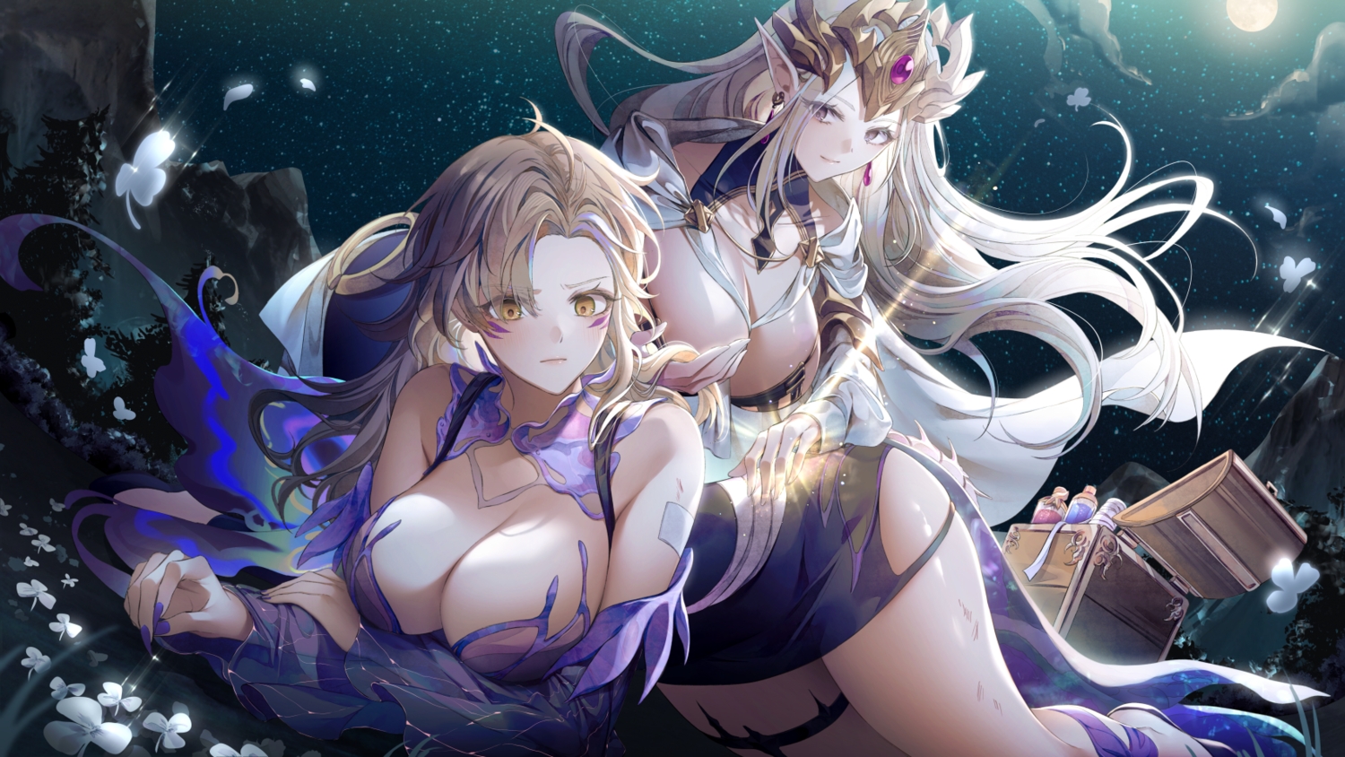 2girls, aliasing, blush, breasts, brown_eyes, brown_hair, cleavage, clouds