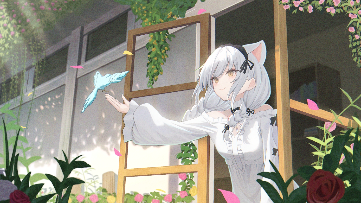 animal, animal_ears, bird, blush, bow, braids, building, catgirl