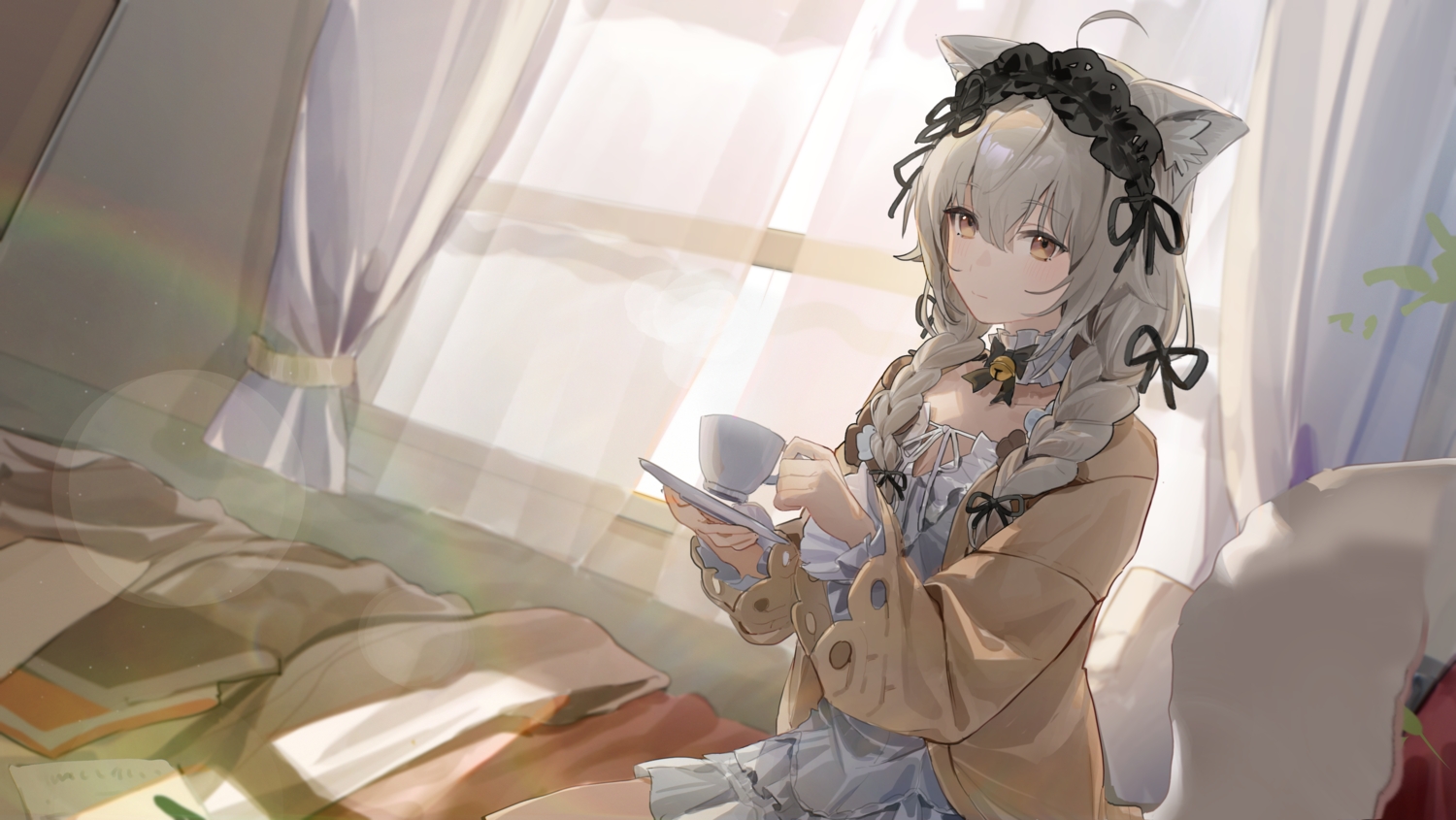 animal_ears, bed, bell, blush, book, bow, braids, brown_eyes
