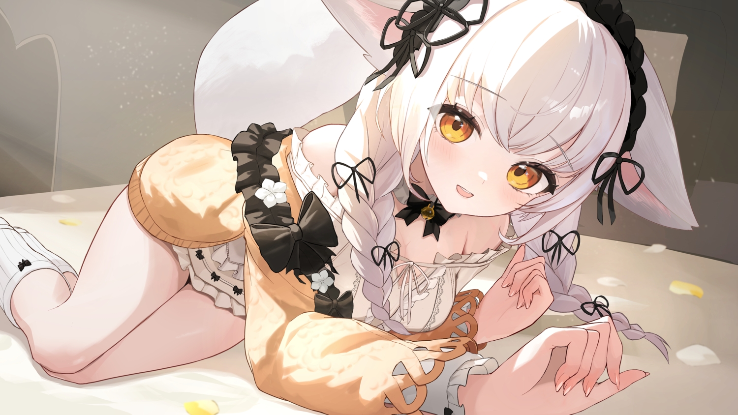 animal_ears, bell, blush, bow, braids, catgirl, choker, close, dress, headdress, indie_virtual_youtuber, long_hair, orange_eyes, petals, sofieru_(vtuber), tail, totono_shingari, twintails, white_hair