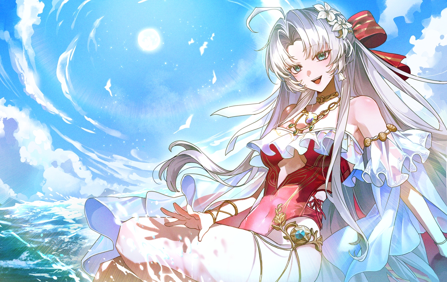 aqua_eyes, bow, breasts, carlotta_(wuthering_waves), choker, cleavage, clouds, fsuusux, gray_hair, long_hair, necklace, see_through, sky, swimsuit, water, wristwear, wuthering_waves