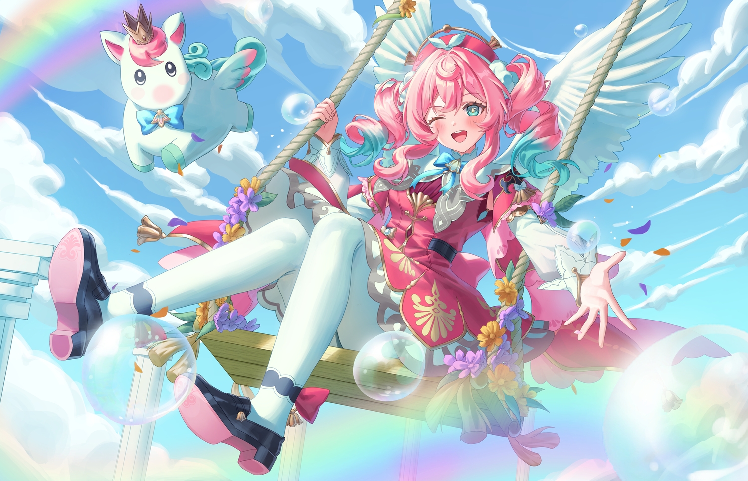 animal, aqua_eyes, blush, bow, bubbles, clouds, crown, dress
