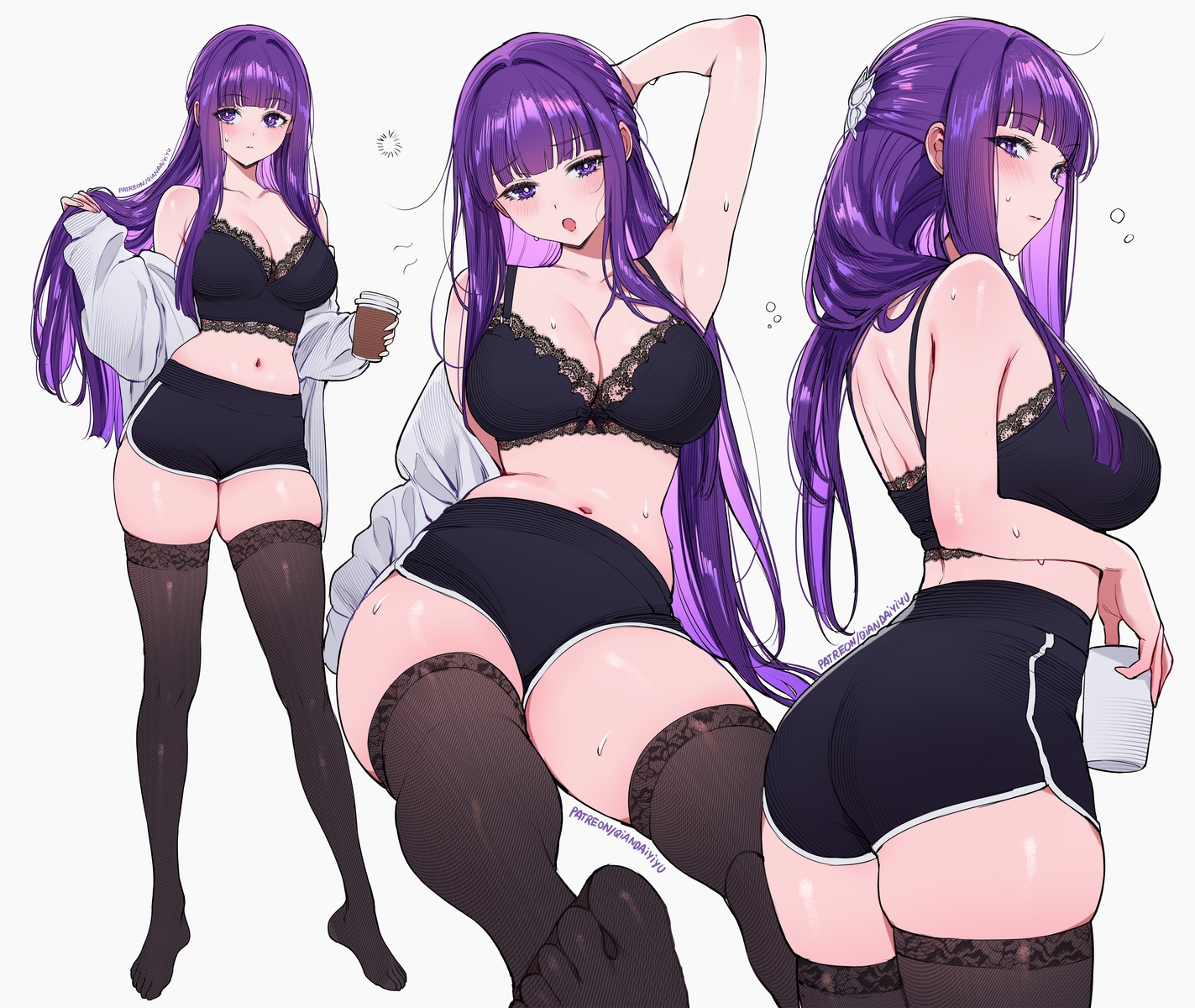 ass, blush, bra, breasts, cleavage, drink, fern_(sousou_no_frieren), long_hair, navel, open_shirt, purple_eyes, purple_hair, qiandaiyiyu, shirt, shorts, signed, sketch, sousou_no_frieren, thighhighs, underwear, white, zettai_ryouiki