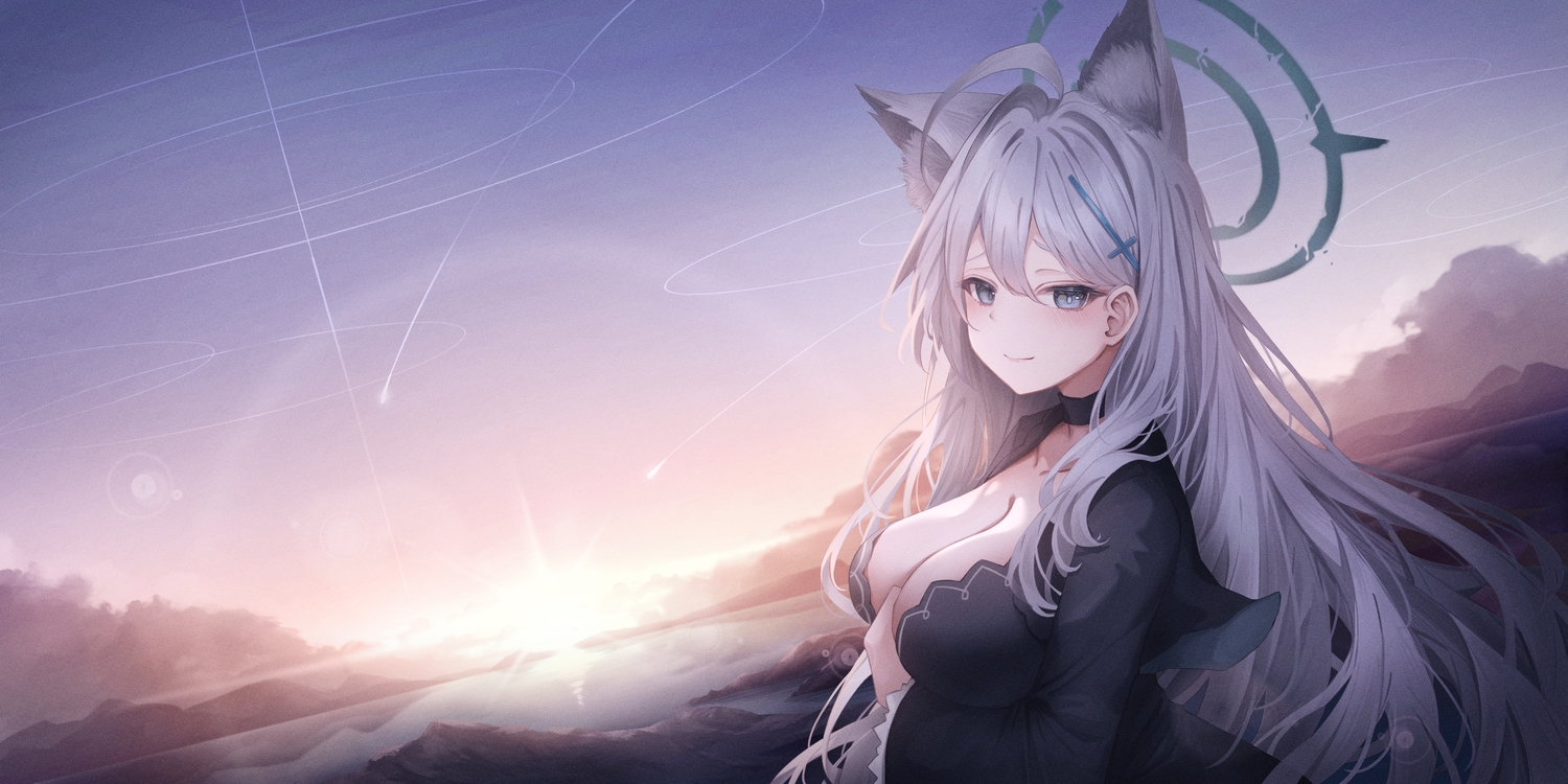 animal_ears, blue_archive, blue_eyes, blush, breasts, choker, cleavage, clouds