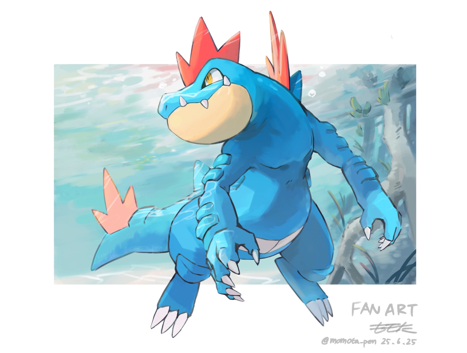 feraligatr, momota_pix, no_humans, pokemon, signed, underwater, water, yellow_eyes