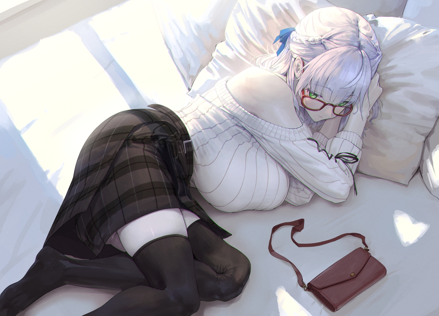 bed, braids, breasts, gray_hair, green_eyes, hololive, phoebe_(user_vvpf4584), shirogane_noel