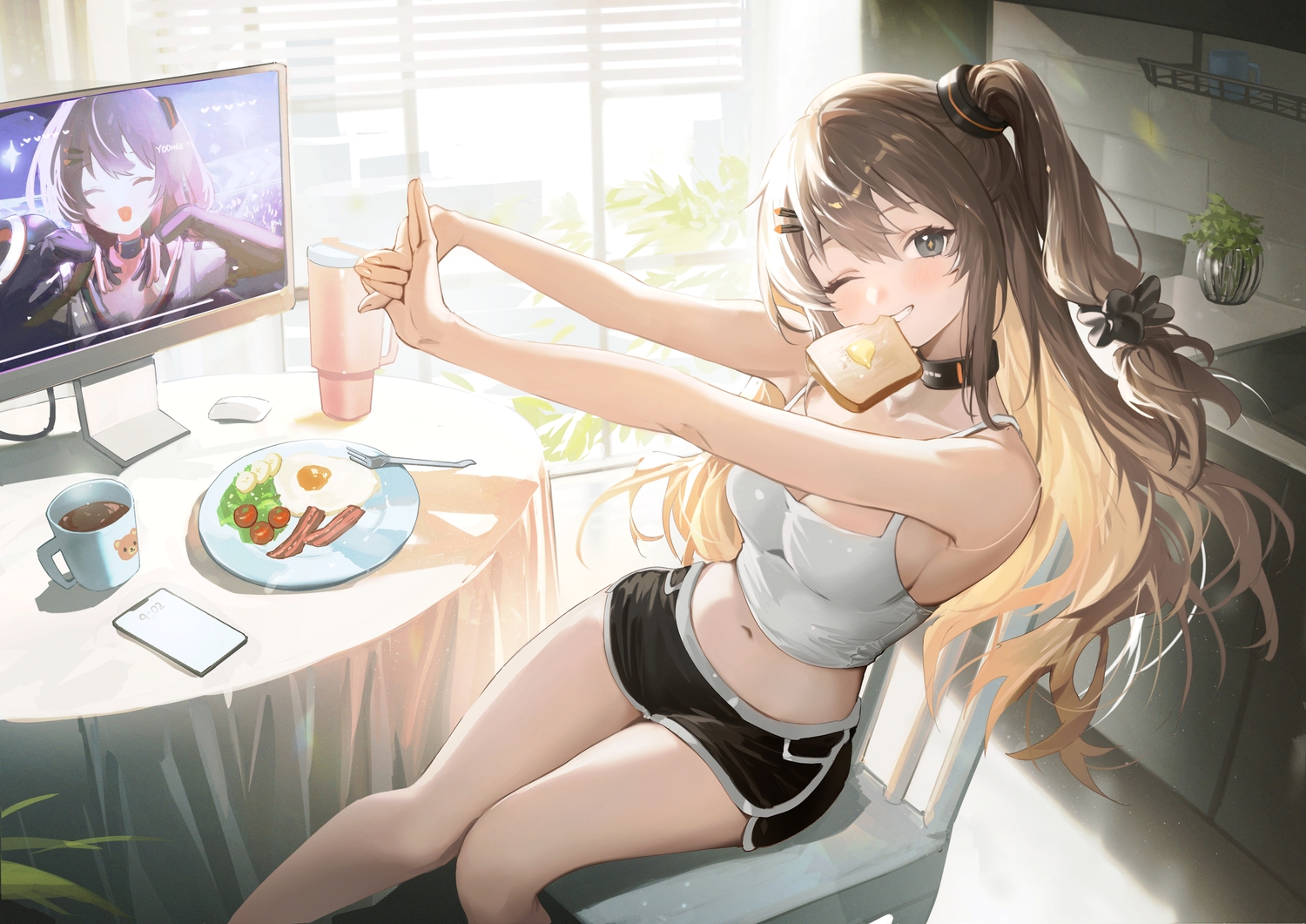 black_eyes, bow, breasts, brown_hair, choker, cleavage, computer, drink