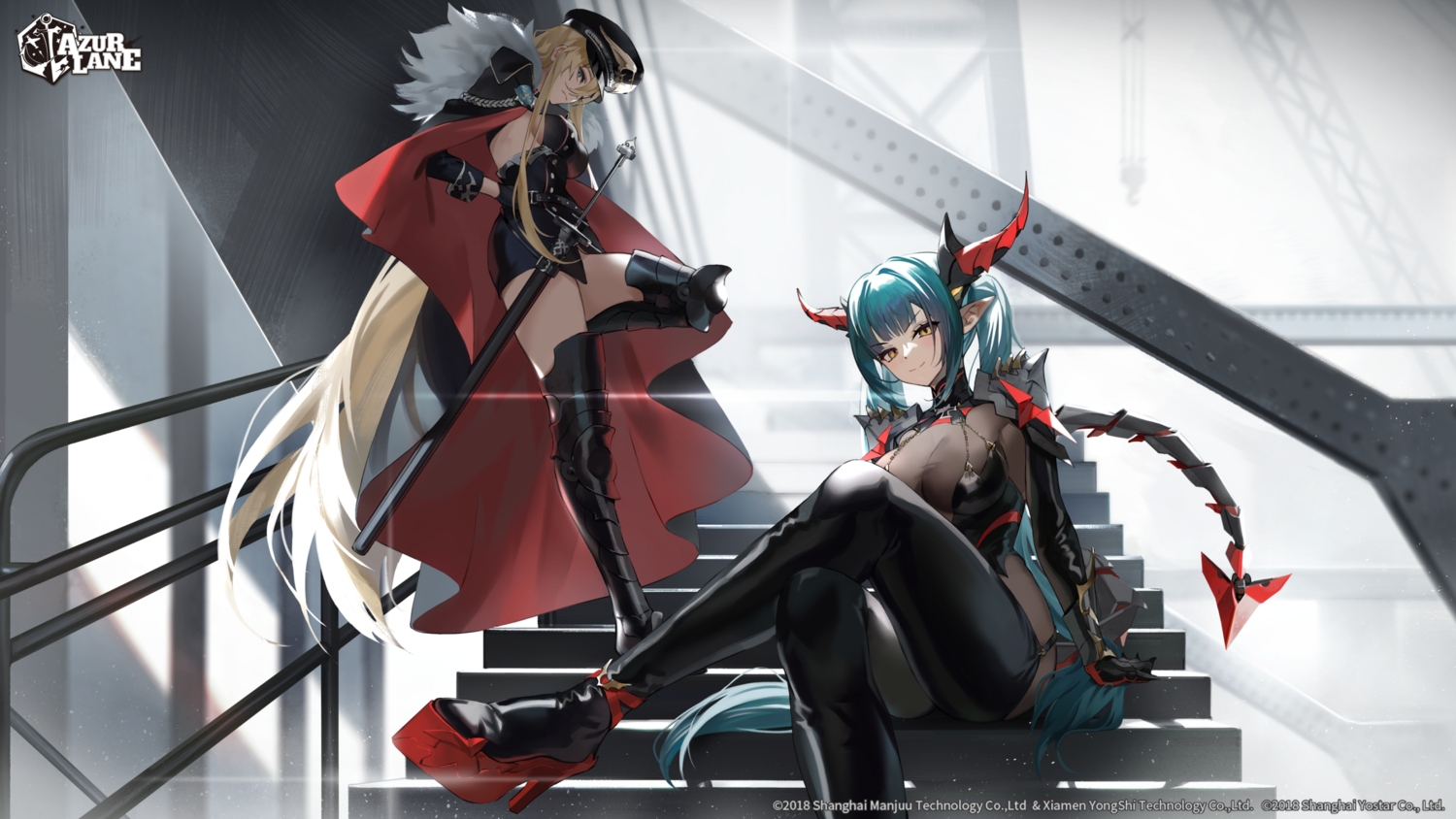 2girls, anthropomorphism, aqua_hair, armor, azur_lane, bismarck_(azur_lane), blonde_hair, blue_eyes, bodysuit, breasts, cape, cross, dress, elbow_gloves, garter_belt, gloves, hat, horns, kamui_(kurohshiro1), logo, long_hair, military, pointed_ears, regensburg_(azur_lane), sideboob, stairs, stockings, sword, tail, thighhighs, twintails, uniform, watermark, weapon, wristwear, yellow_eyes