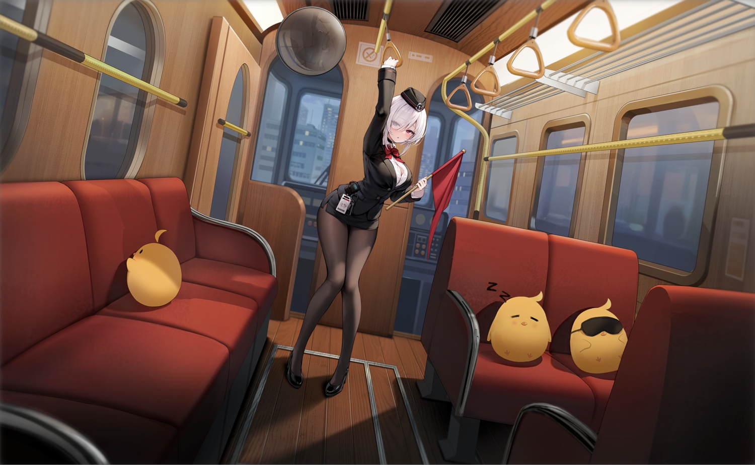 animal, anthropomorphism, azur_lane, bicolored_eyes, bird, blush, bow, breasts, building, choker, city, cleavage, manjuu_(azur_lane), mask, mirror, night, pantyhose, shirt, short_hair, skirt, sleeping, tagme_(artist), train, u-552_(azur_lane), uniform, white_hair