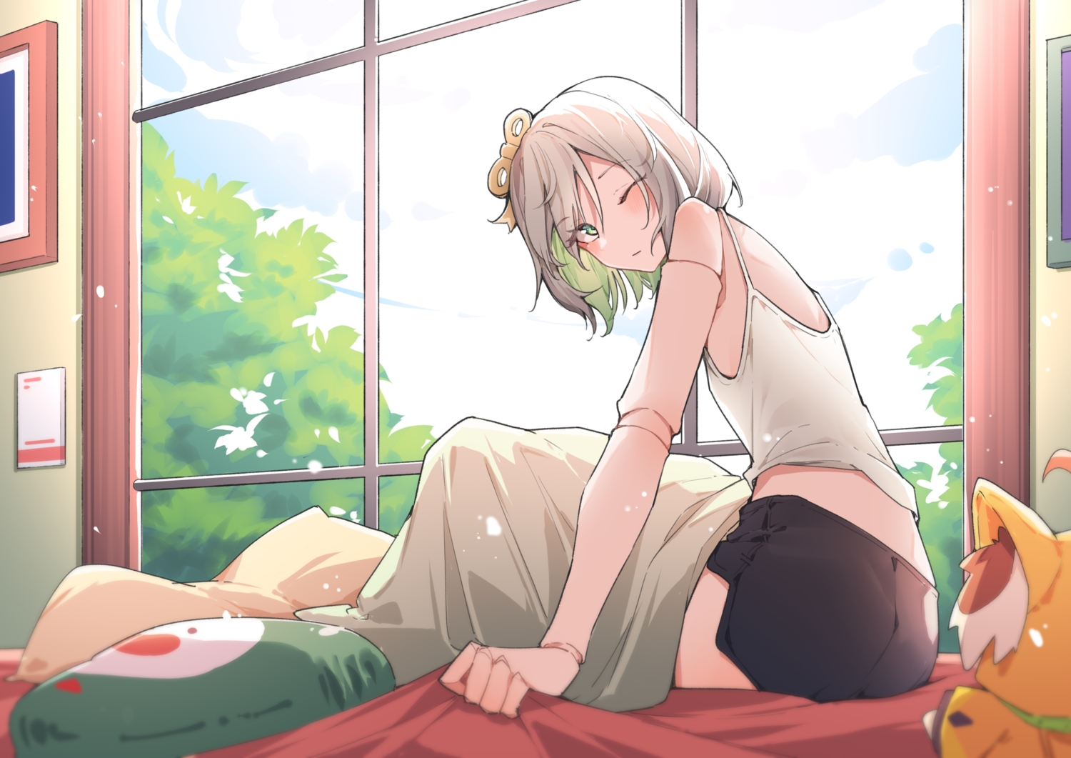 airenif, bed, blush, cecilia_immergreen, doll, flat_chest, gray_hair, green_eyes