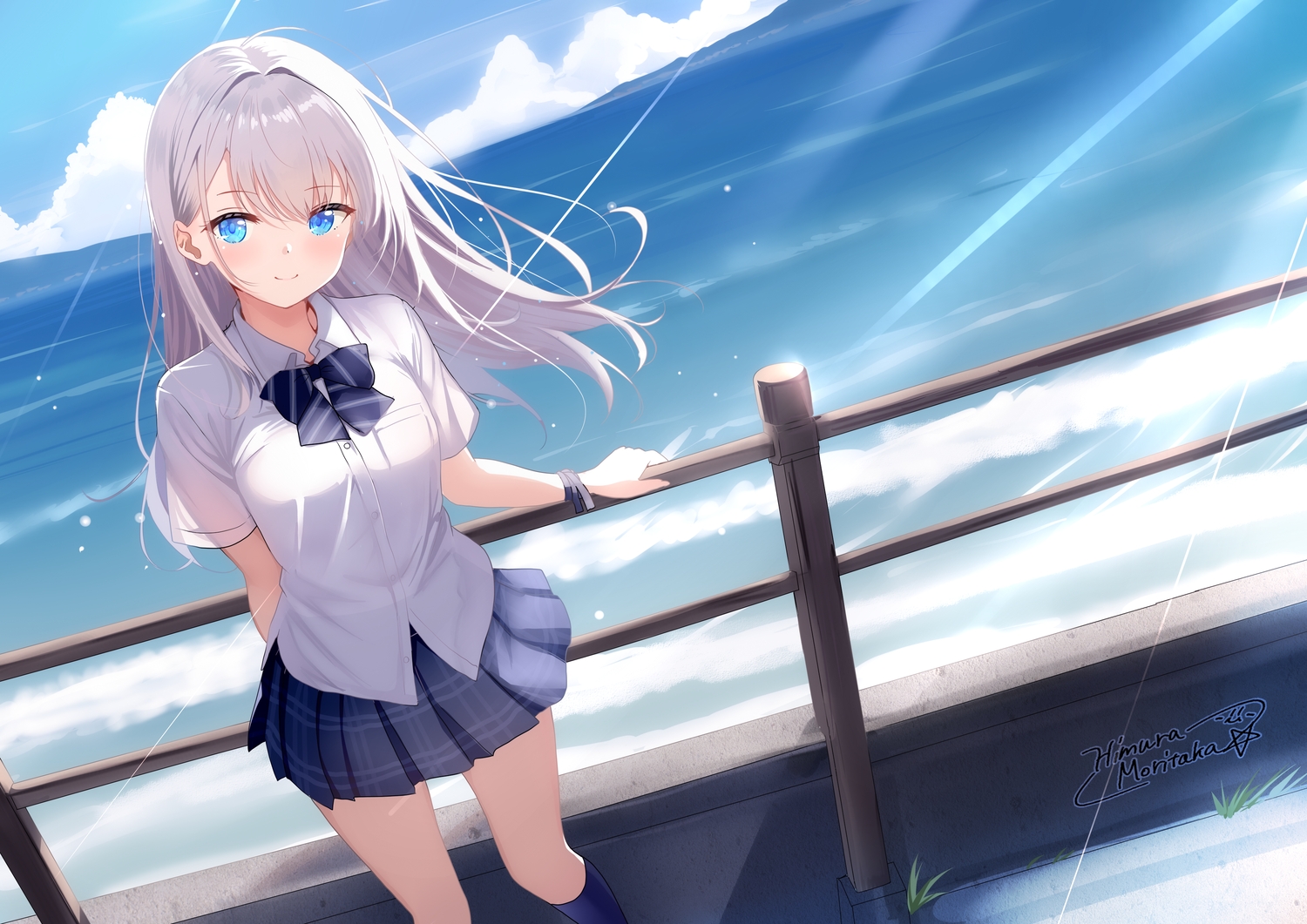 aqua_eyes, clouds, gray_hair, himura_moritaka, kneehighs, long_hair, original, school_uniform