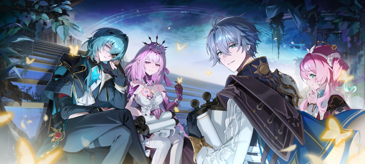 aliasing, anaxa_(honkai:_star_rail), aqua_eyes, aqua_hair, bow, butterfly, cape, castorice_(honkai:_star_rail)