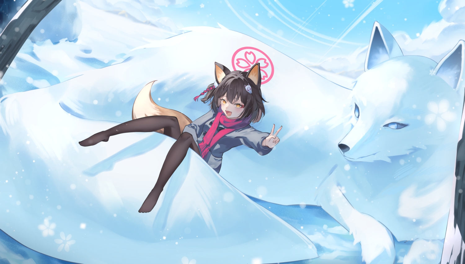 animal, animal_ears, blue_archive, blush, bow, brown_hair, clouds, dress