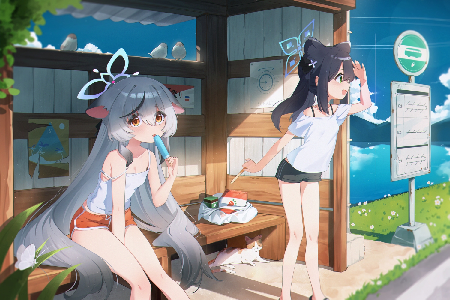 2girls, animal, animal_ears, bird, black_hair, blue_archive, blush, butterfly, cat, catgirl, clouds, cocokawa_(cjsj8353), flat_chest, flowers, food, grass, gray_hair, green_eyes, halo, loli, long_hair, orange_eyes, paper, popsicle, reflection, shade, shorts, sky, summer, sunohara_kokona, sunohara_shun, twintails, water