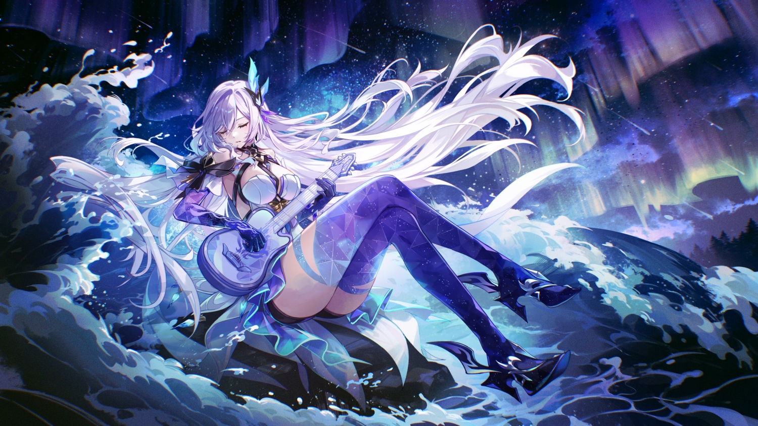 aliasing, dress, genshin_impact, guitar, instrument, kyusoukyu, long_hair, shorts