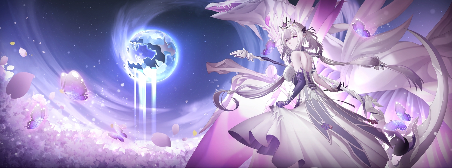 arturaxia, butterfly, castorice_(honkai:_star_rail), dragon, dress, elbow_gloves, flowers, gloves, gray_hair, headdress, honkai_(series), honkai:_star_rail, long_hair, petals, pointed_ears, pollux_(honkai:_star_rail), purple_eyes, scythe, sky, weapon
