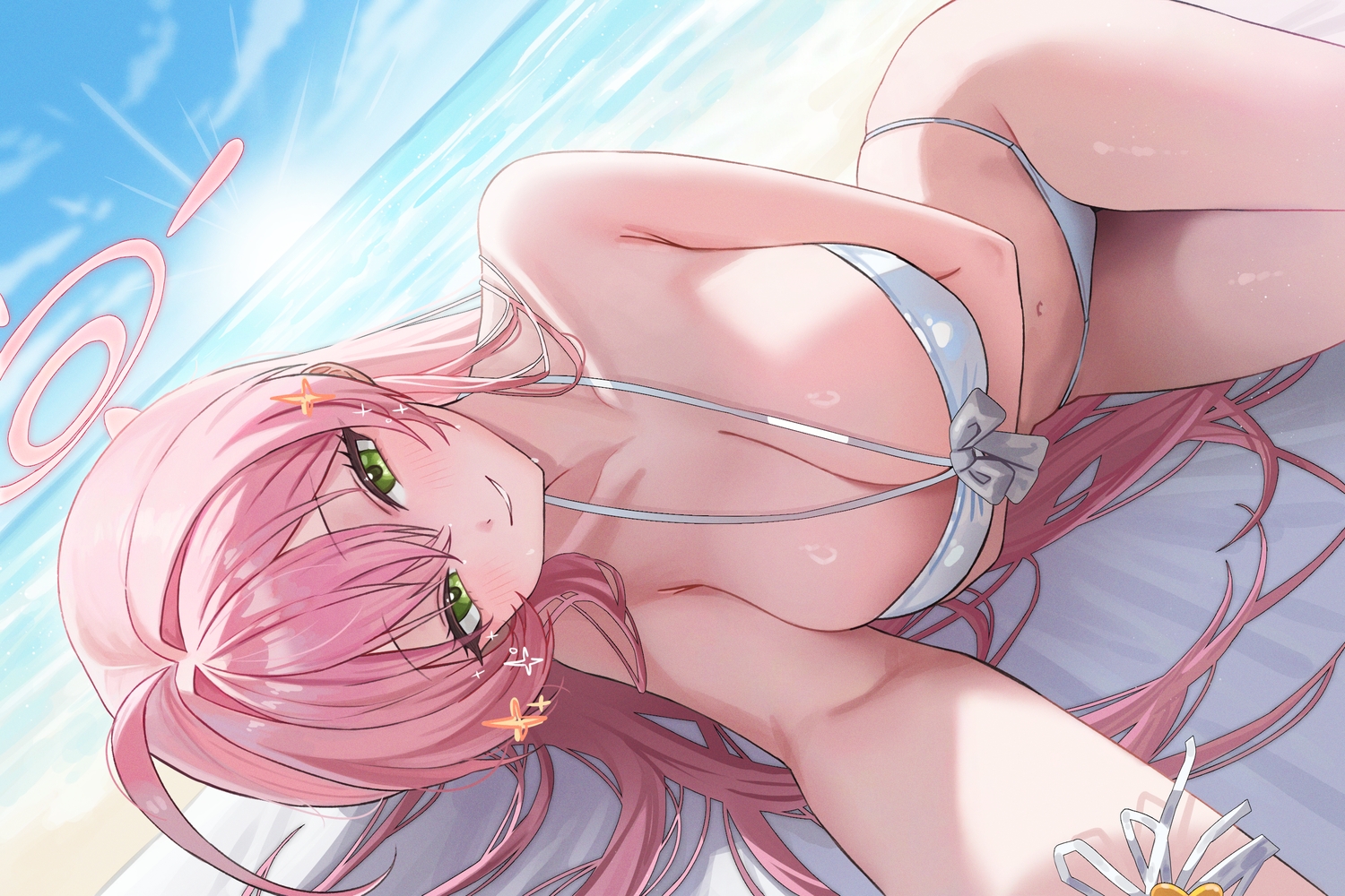 beach, bikini, blue_archive, blush, braids, breast_hold, breasts, close, clouds, green_eyes, halo, long_hair, navel, pink_hair, sky, swimsuit, urawa_hanako, yamu_(yamu_030)