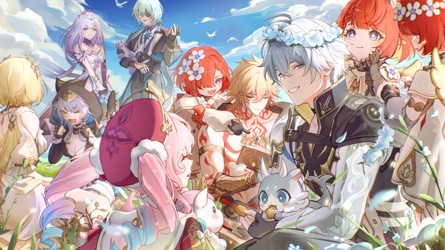 aglaea_(honkai:_star_rail), anaxa_(honkai:_star_rail), animal, animal_ears, aqua_eyes, armor, blonde_hair, blue_eyes