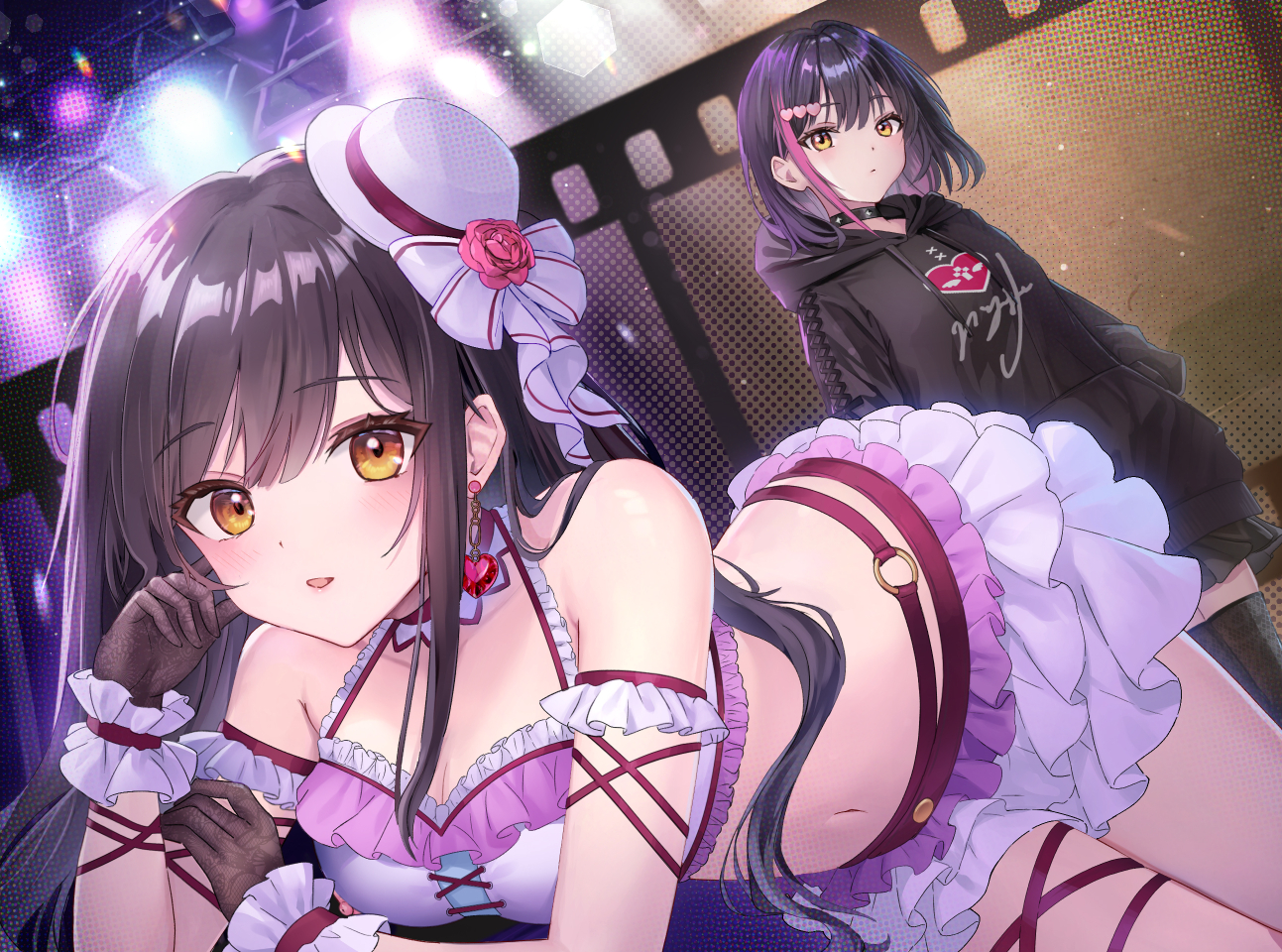 aliasing, black_hair, blush, breasts, choker, cleavage, garter, gloves