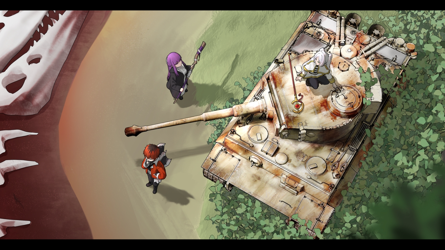 2girls, combat_vehicle, fern_(sousou_no_frieren), frieren, gogo_(gogo_23), gray_hair, green_eyes, long_hair