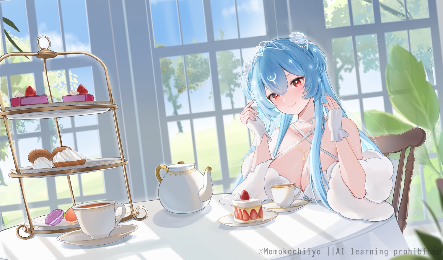 bao_(vtuber), blue_hair, blush, breasts, cake, cleavage, clouds, drink, food, fruit, gloves, indie_virtual_youtuber, leaves, long_hair, momokochiiyo, necklace, red_eyes, sky, strawberry, tiara, tree, watermark
