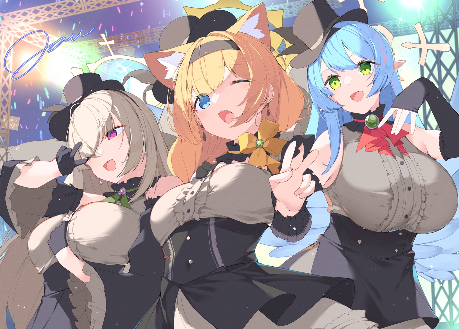 animal_ears, aomori_mine, blue_archive, blue_eyes, blue_hair, blush, bow, breast_hold