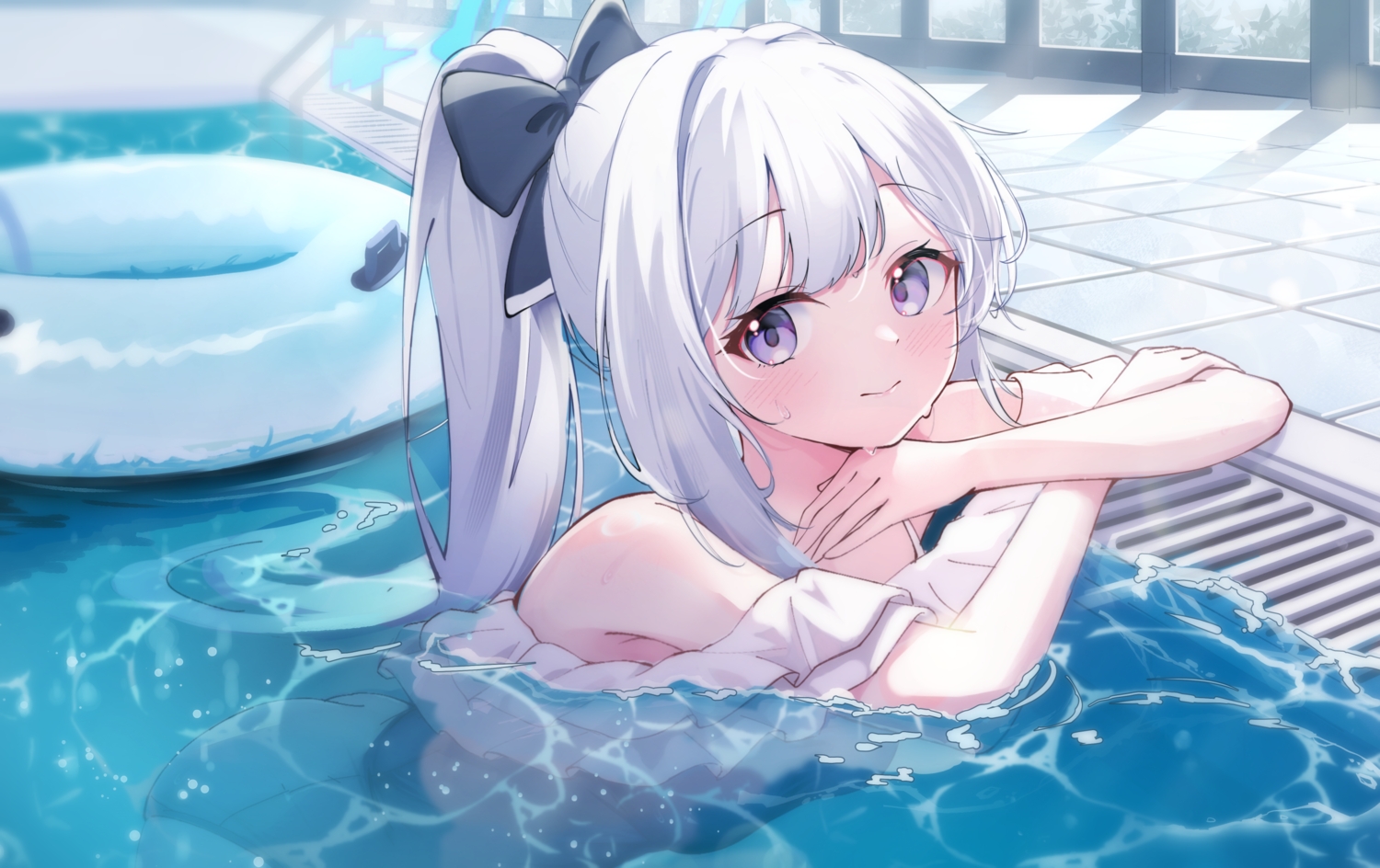 blue_archive, blush, bow, gray_hair, halo, long_hair, ponytail, pool
