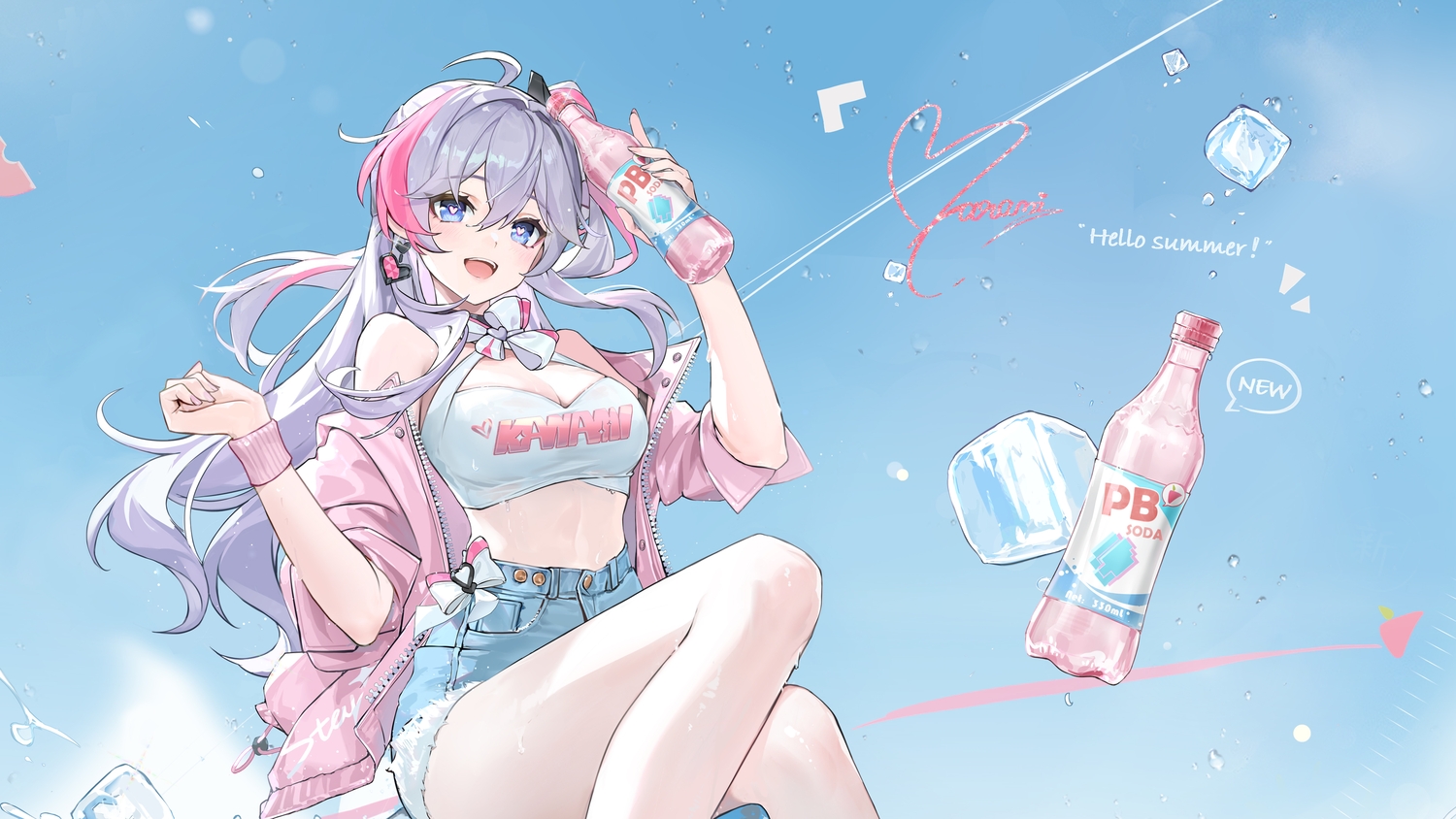 blue, blue_eyes, blush, bow, breasts, cleavage, drink, gray_hair, kanami_(strinova), long_hair, shorts, strinova, tagme_(artist)