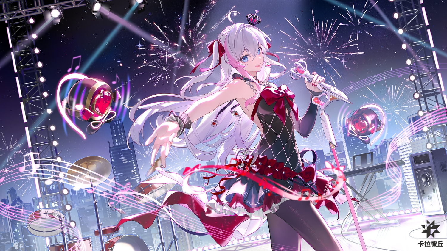 blue_eyes, bow, building, city, collar, crown, dress, drums, fireworks, gray_hair, instrument, kanami_(strinova), long_hair, microphone, music, night, pantyhose, piano, ribbons, sky, stars, strinova, tagme_(artist), twintails, wristwear