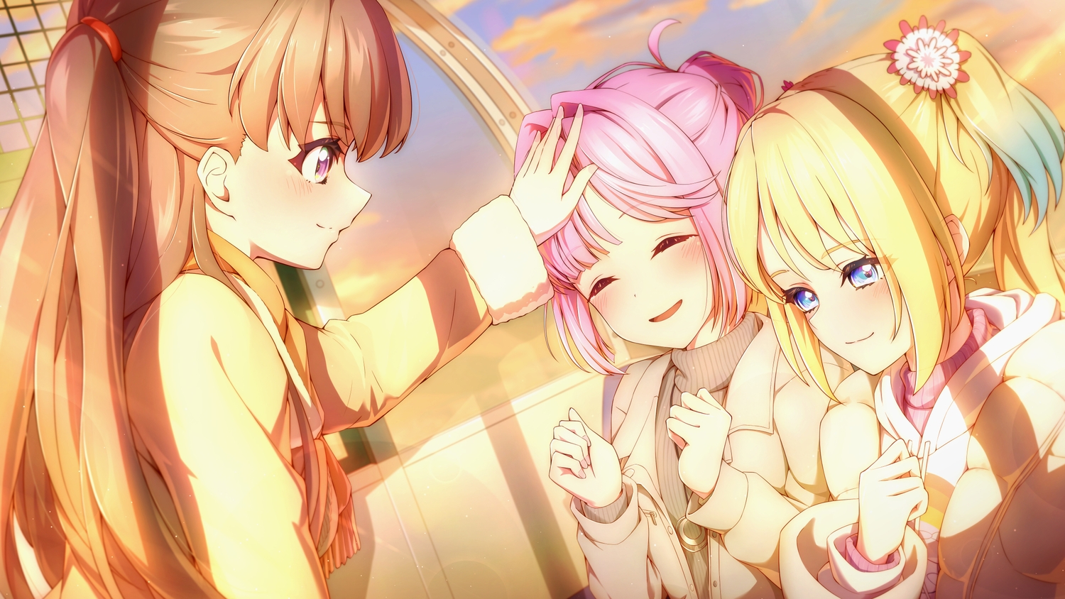 anyoji_hime, blonde_hair, blue_eyes, blush, brown_hair, close, clouds, crying
