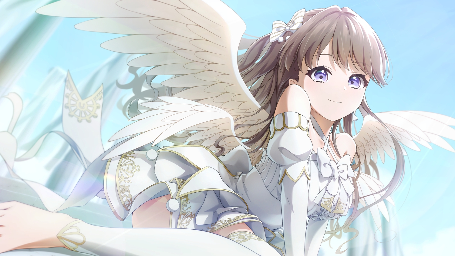 barefoot, bow, brown_hair, clouds, dress, fujishima_megumi, link!_like!_love_live!, long_hair, love_live!_school_idol_project, prbili, purple_eyes, sky, thighhighs, wings