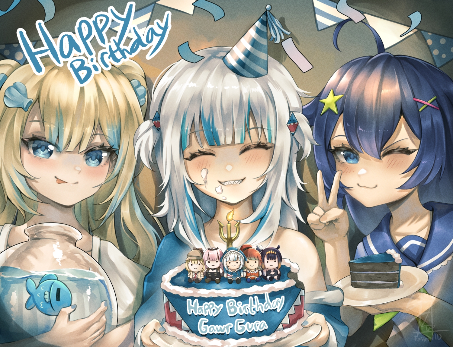amelia_watson, animal, blonde_hair, blue_eyes, blue_hair, blush, cake, dress, fish, food, gawr_gura, gray_hair, hololive, idfasler, long_hair, mori_calliope, ninomae_ina'nis, sameko_saba, school_uniform, senzawa, short_hair, signed, takanashi_kiara, twintails, wink