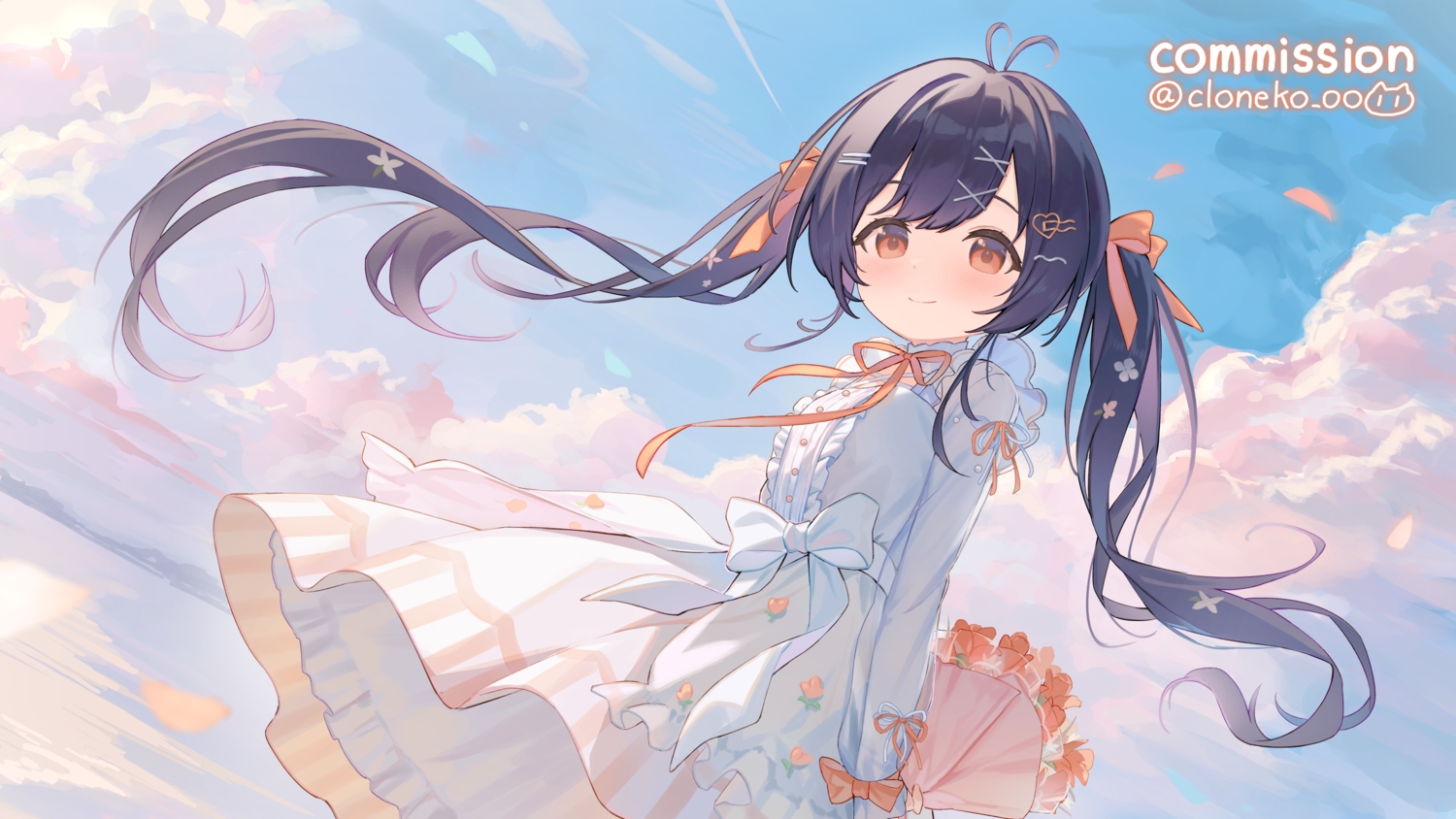 black_hair, blush, bow, cloneko_(zelmeledf2), clouds, dress, flowers, loli