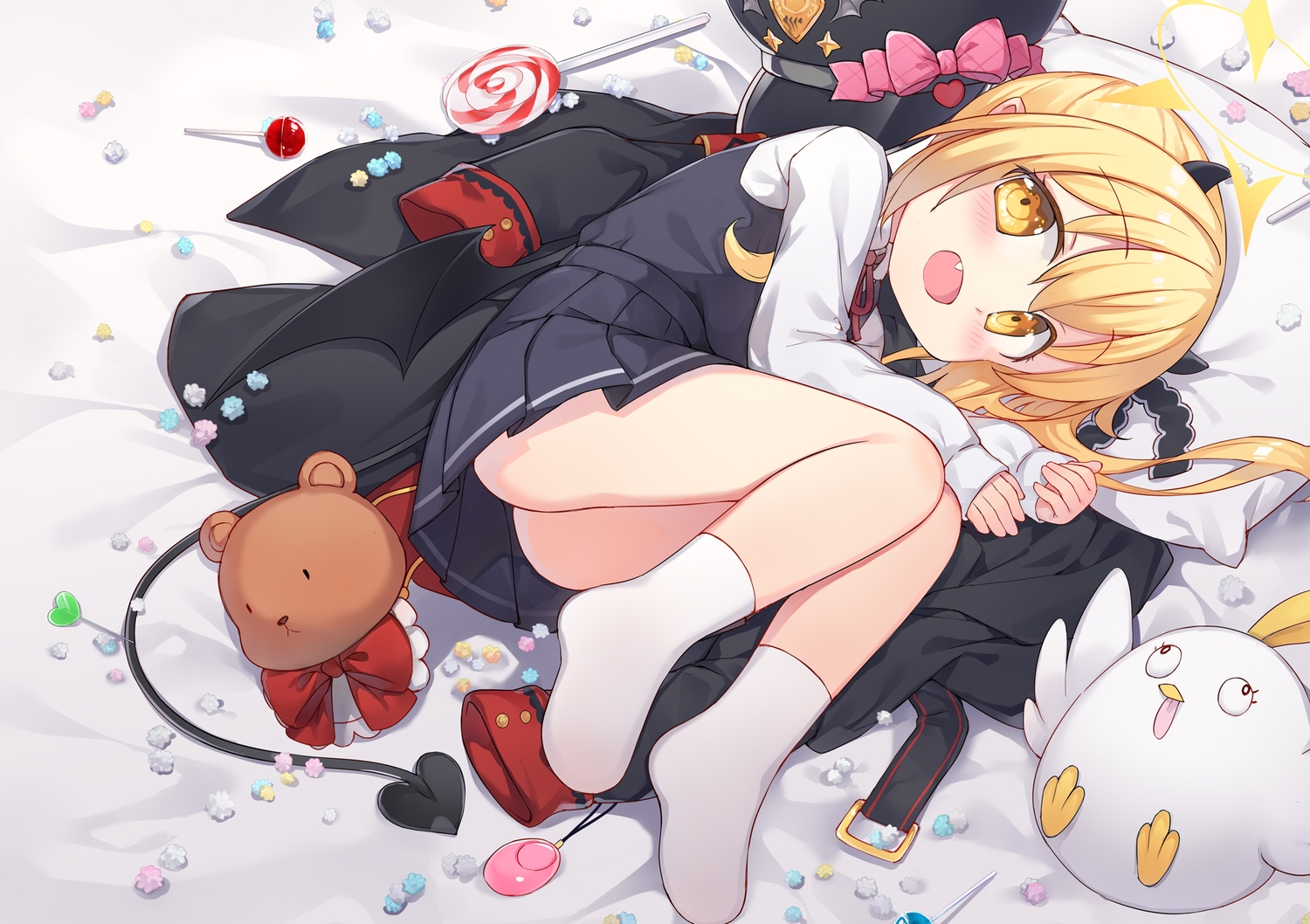 bed, blonde_hair, blue_archive, blush, candy, dress, fang, fred04142