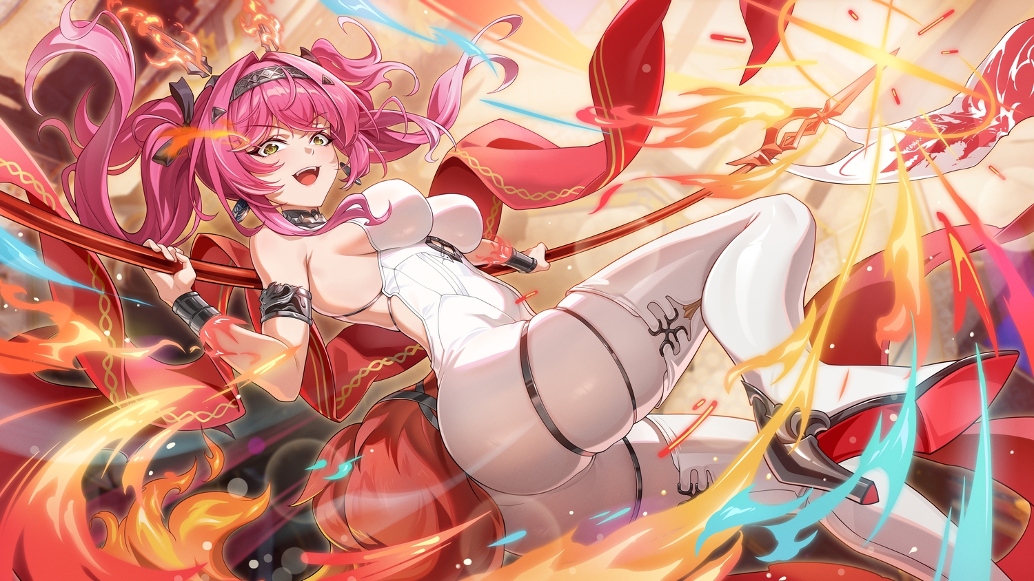 animal_ears, ass, bodysuit, bow, breasts, choker, fire, green_eyes, headband, long_hair, lupa_(wuthering_waves), magic, pink_hair, shenqi_xiao_hong_zai_nali, skintight, spear, tail, twintails, weapon, wolfgirl, wristwear, wuthering_waves