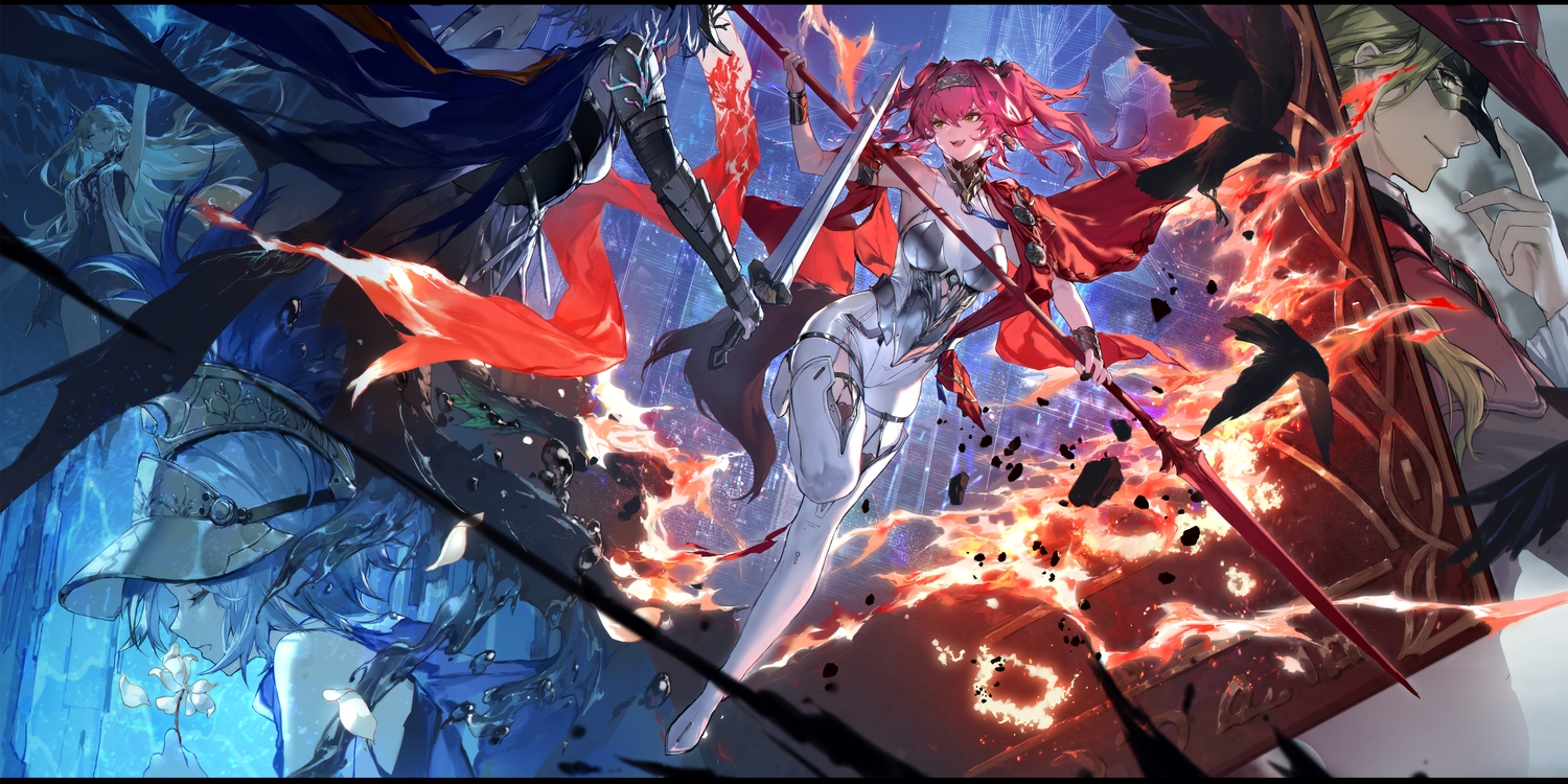 animal, armor, bird, blonde_hair, blue_eyes, blue_hair, bodysuit, cape, cristoforo_(wuthering_waves), dress, fang, fire, fleurdelys_(wuthering_waves), flowers, garter, gloves, green_eyes, hat, headband, headdress, horns, long_hair, lupa_(wuthering_waves), male, mask, petals, pink_hair, pointed_ears, short_hair, spear, swd3e2, sword, tagme_(character), tail, twintails, underwater, water, weapon, wolfgirl, wristwear, wuthering_waves, yellow_eyes