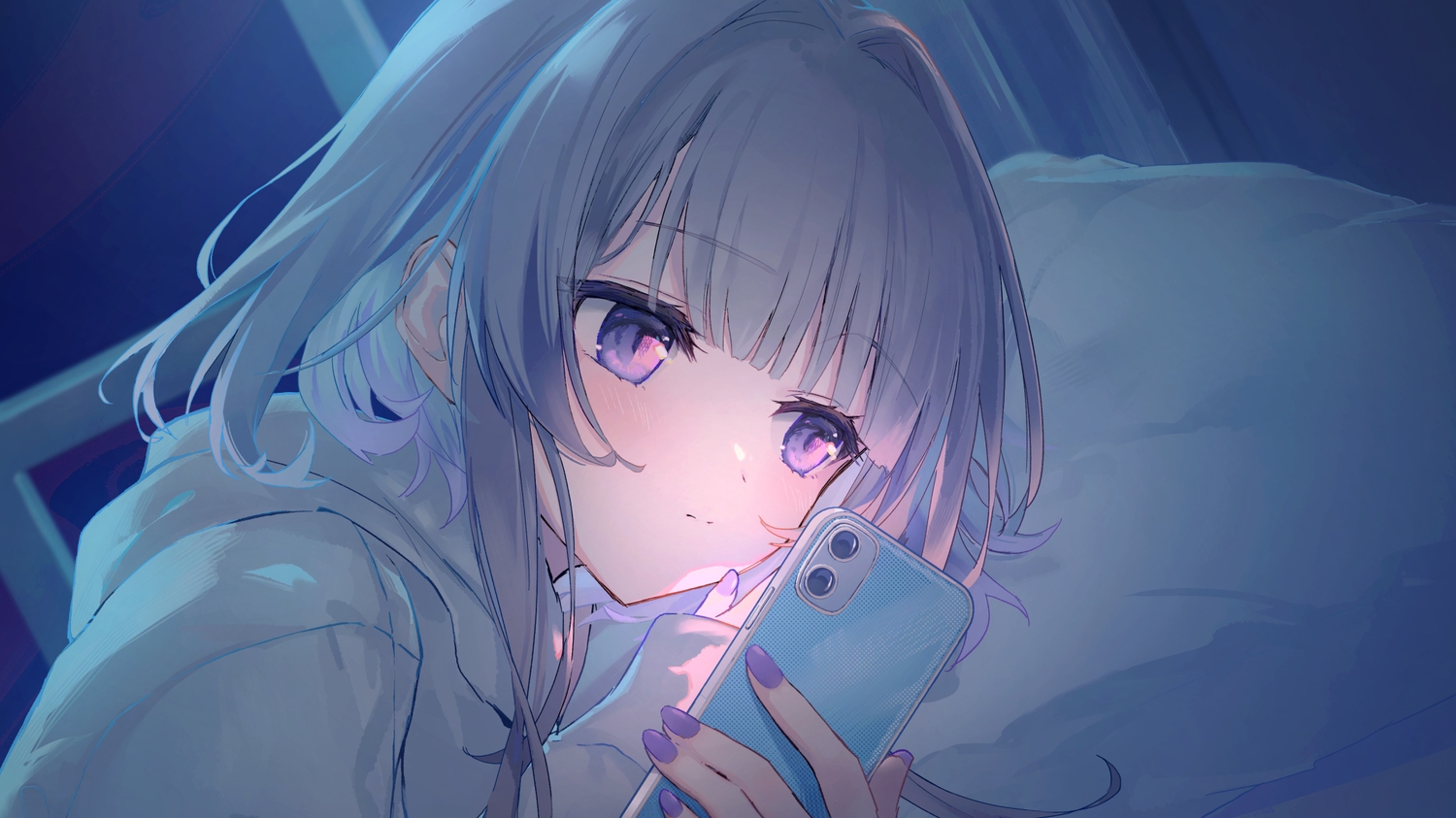 bed, blush, close, dark, gray_hair, hood, night, phone