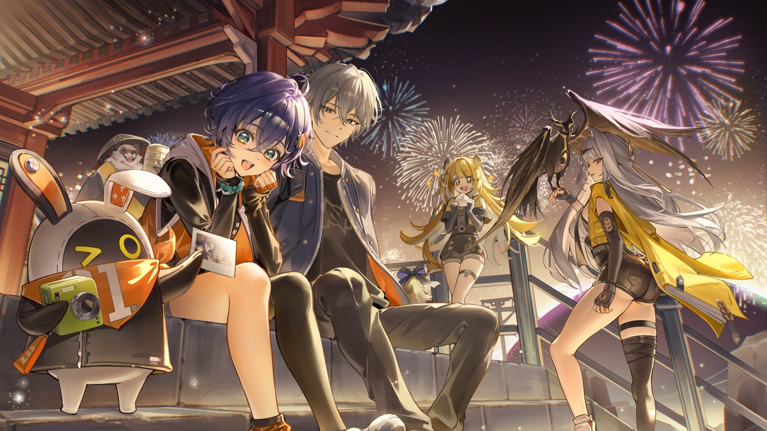 animal, animal_ears, aqua_eyes, ass, bear, belle_(zenless_zone_zero), bird, blonde_hair, blue_hair, bow, camera, catgirl, elbow_gloves, fireworks, food, garter, gloves, gray_hair, green_eyes, group, hat, hood, ju_fufu, long_hair, male, night, orange_eyes, pan_yinhu, rity, short_hair, shorts, sky, stairs, tail, thighhighs, wise_(zenless_zone_zero), wristwear, yi_xuan, zenless_zone_zero