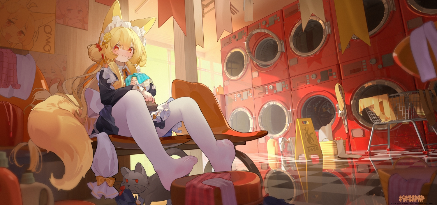 animal, animal_ears, apron, blonde_hair, bow, cat, cat_smile, dress