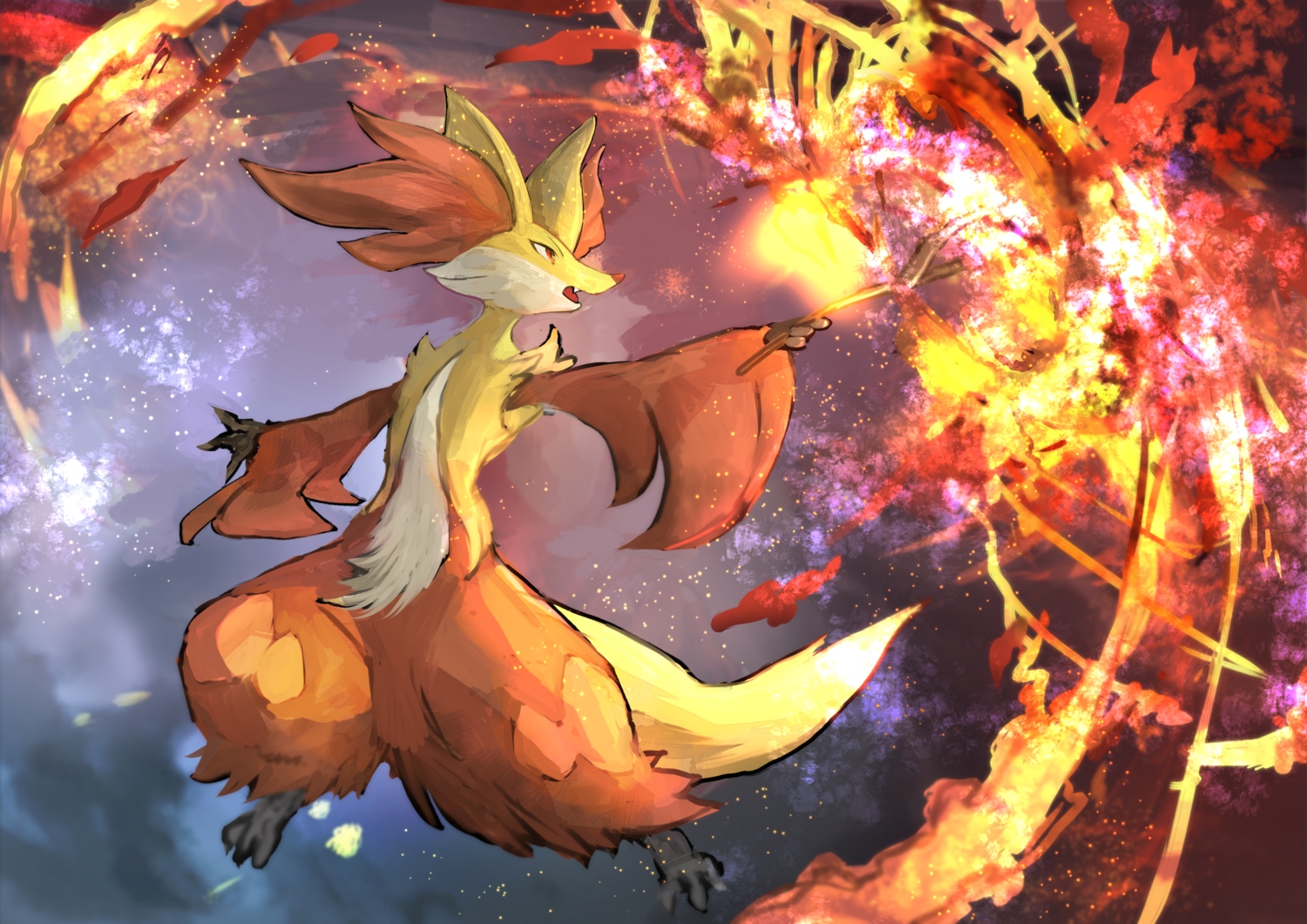 animal, day_walker1117, delphox, fang, fire, fox, no_humans, pokemon, red_eyes
