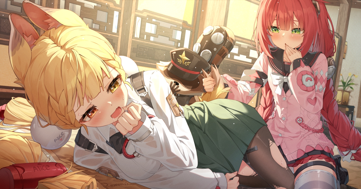 2girls, alice_thymefield, animal_ears, bicolored_eyes, blonde_hair, blush, bow, braids, bunny_ears, bunnygirl, fang, garter, green_eyes, hat, kamanosuke_(zenless_zone_zero), loli, maeru, pantyhose, red_hair, school_uniform, see_through, shirt, skirt, tail, thighhighs, torn_clothes, twintails, ukinami_yuzuha, zenless_zone_zero