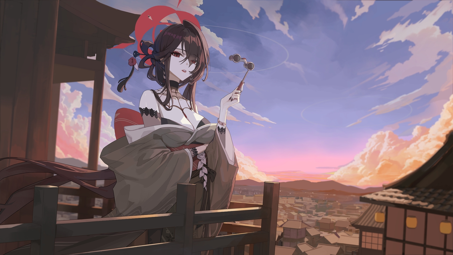 black_hair, blue_archive, breasts, building, choker, city, cleavage, clouds