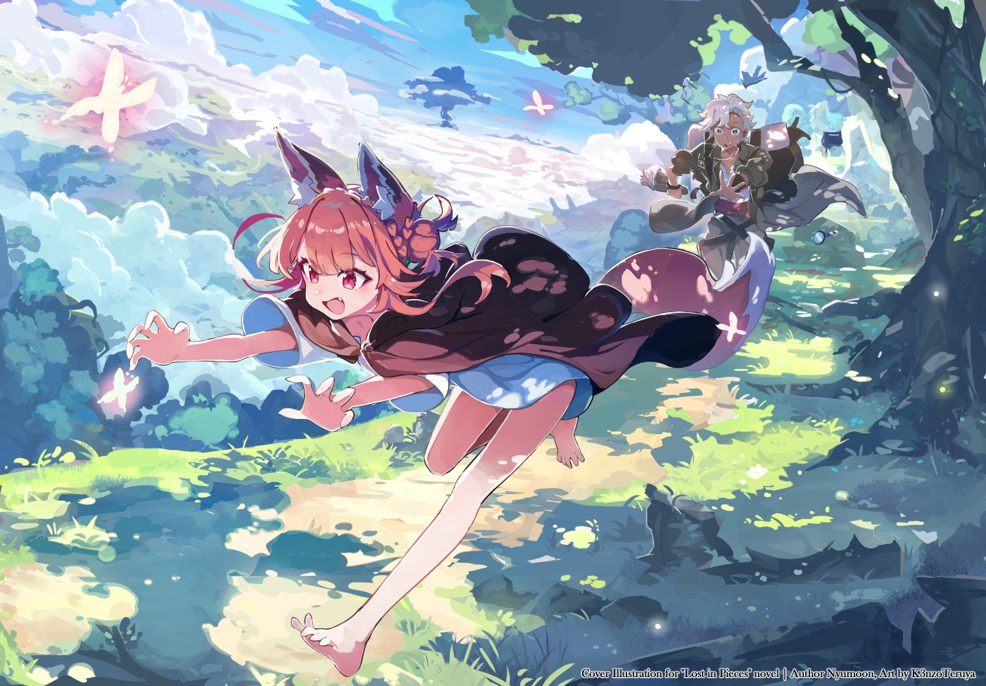 aliasing, animal_ears, barefoot, book, braids, brown_eyes, butterfly, cape